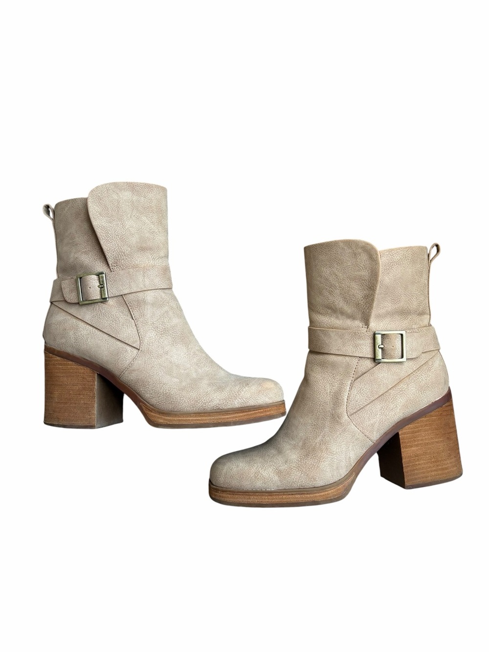 Korks Taupe Buckle Block Heel Ankle Boots Size 10M Side Zip